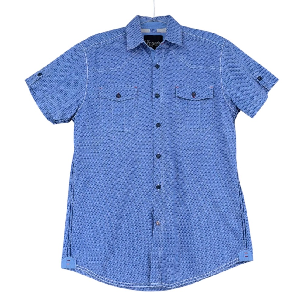 Tranquility Mayhem Men's Blue Geometric Short‎ Sleeve Button Up Shirt Size S